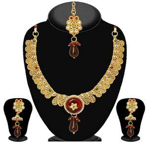 Tip Top <b>Fashions</b> 2201507 Fine <b>Jewelry</b> <b>Set</b> Maroon Stone Necklace with Maang Tikka Elegant and Stylish - Product Image 1