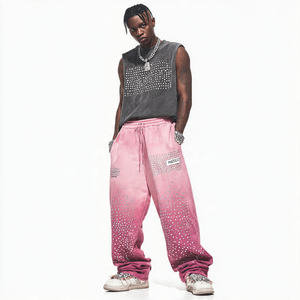 Pantalones Deportivos Anchos de Pierna Recta para Hombre, Estilo Vintage, con Efecto Desgastado por el Sol, con Logotipo Bordado con Pedrería, Estilo Recto y Acampanado - Product Image 2