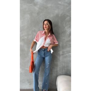 Camisa Blusa Casual de Lino y Mezcla de Algodón y Poliéster con Rayas Naranjas y Hombros Caídos Topshow para Mujer, Venta al por Mayor, Disponible para Pedidos al por Mayor - Product Image 3