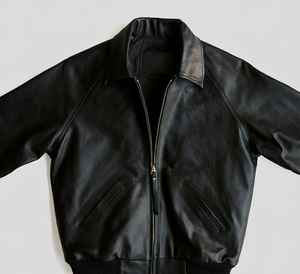 Blouson aviateur en cuir d'agneau noir pour homme, manches régulières, col montant, style vintage, manteau d'hiver écologique - Product Image 5