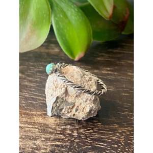 Navajo Made Gemstone <b>Ring</b> <b>with</b> Turquoise & Sterling <b>Silver</b> Size 6.75 Rhodium Plated Rope Design Everyday Wear Wedding Suitable - Product Image 4