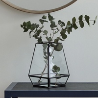 Vase en verre artisanal moderne et écologique avec bordure en métal noir, durable, multi-usages, design géométrique, terrarium décoratif pour table