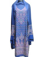 Salwar Kameez en cachemire non cousu, écologique, lavable, infroissable, à manches longues, col en V, avec boutons en dentelle et motif floral, style pashmina