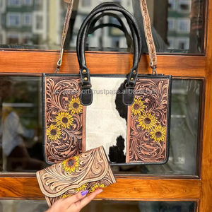 Western Real Hair On Hand Tooled Leather Mujeres Sunflower Tote Bag Elegante Tallado a mano de cuero Floral Cowgirl Wallet Combo Set - Product Image 4