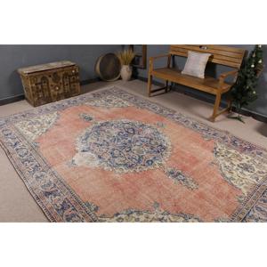 Vintage Rug, 7.2x10.7 ft Turkish Rug, <b>Red</b> Blue Striped <b>Wool</b> Rug - Product Image 2