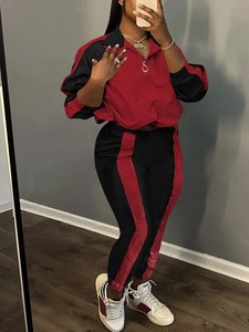 ชุดเสื้อผ้าสองชิ้นแบบสวมหัวมีฮู้ดแบบสวมหัวเอวยางยืดพร้อมกางเกงรัดข้อเท้าลายพื้นสำหรับใช้ในบ้านฤดูใบไม้ร่วง - Product Image 2