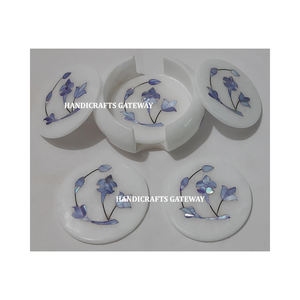 Most Attractive Good Looking <b>White</b> Marble Inlay Mother Of Pearl Coaster Set <b>Round</b> Shape Flower Design For Corporate Gifting - Product Image 1