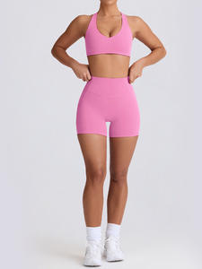 Vêtements pour femmes 2025 Summer Active Wear Cross Back Sports Bra Compression Running Pink Athletic Workout Short Sets for Women - Product Image 4