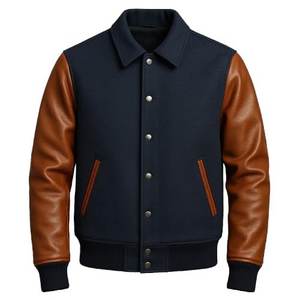Veste de baseball varsity enduite avec col montant en laine bleue et manches en cuir marron coupe-vent et respirante - Product Image 3