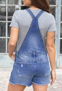 Pantalones cortos de mezclilla para mujer, mono clásico con babero, pantalones cortos, mono con correas ajustables y dobladillo con puños, Mono vaquero informal de verano - Product Image 3