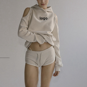 Nuevo Conjunto de Sudadera con Capucha Informal de 2 Piezas para Mujer de Invierno y Pantalones Cortos Lisos, Sudadera con Capucha de Tela de Punto Estampada Personalizada, Teñido Liso - Product Image 6