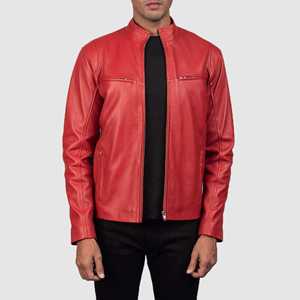 Real Sheepskin Aniline Leather Biker <b>Jacket</b> for <b>Men</b> Iconic Red Stand Collar Quilted Viscose Lining Zipper Logo Front Pockets - Product Image 1