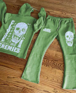 Ensemble sweat-shirt et pantalon de survêtement unisexe vintage en molleton uni, avec sweat à capuche à ourlet brut et joggers évasés, vente en gros - Product Image 2