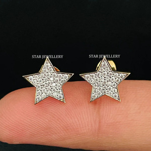 14K Solid Gold Natural Diamond Iced STAR Solid Gold <b>Earring</b> Fine Jewelry. - Product Image 1