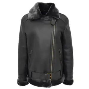 Hot Selling High Quality Women Black Genuine Shearling Leather Cross Zip Aviator Bombar Jacket With Thick Fur Collar