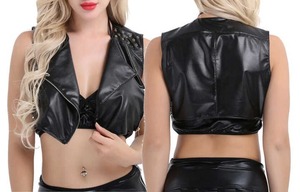 Top corto de manga larga Sexy de piel sintética personalizado para mujer Top corto erótico cálido de invierno de piel sintética - Product Image 6