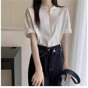 Polo de mujer holgado, Polo de mujer negro con panal de algodón suave y cremallera 2025 - Product Image 4