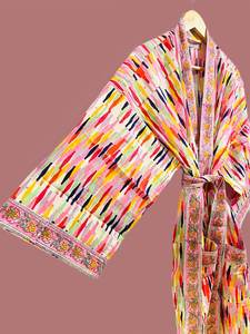 ชุดคลุมกิโมโนผ้าฝ้ายพิมพ์ลายบล็อกสีสันสดใสสำหรับผู้หญิง ชุดคลุมอินเดีย น้ำหนักเบา ชุดคลุมอาบน้ำ - Product Image 5