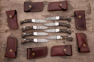 Couteau pliant en acier damas haute dureté pour le camping survie tactique avec personnalisation OEM couteau de poche poignée en corne de bélier - Product Image 2