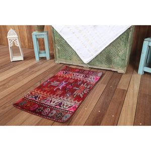 Alfombra pequeña vintage de 1.5x2.8 pies, alfombra turca, geométrica marrón y rosa con elementos florales. - Product Image 5