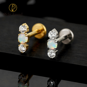 Anting-anting titanium ASTM F136 ukuran 16G dengan ulir dalam, tiga manik-manik CZ Opal, untuk helix, conch, tulang rawan, tragus, dengan bagian belakang datar. - Product Image 2