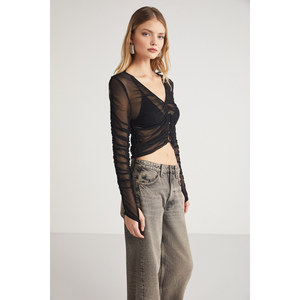 ETHIQUET RITA Blusa de tul con botones y manga larga para mujer - Product Image 5