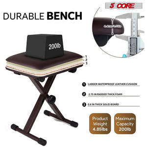 5 Core Keyboard <b>Bench</b> 2 Inch Padded Cushioned Piano Stool Height Adjustable 19" Guitar Seat Portable - Product Image 3