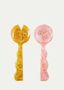 Ensemble de service à salade en résine à motif de marbre coloré artisanal, manche incurvé, cuillère de buffet, fourchette, vaisselle de cuisine, ustensiles de service pour table à manger - Product Image 4