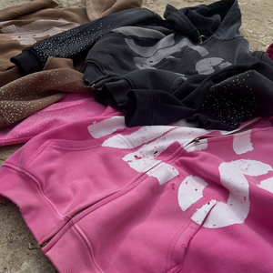 Sudaderas con capucha personalizadas para hombre parche bordado de socorro lavado con ácido sol se desvanece cremallera de peso pesado estampado de diamantes de imitación 100% ropa de calle de algodón - Product Image 4