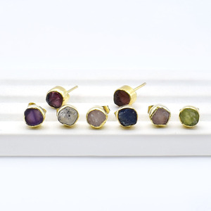 Raw Birthstone Collet <b>Stud</b> Earring, Size 6-8 mm Gemstone Earring, Handmade Gold Plated With Push Back Earring For Women - Product Image 6