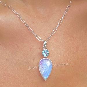 Pendentifs en laiton plaqués argent avec pierres de lune arc-en-ciel et topaze bleue, bijoux bohèmes pour fêtes et mariages, vente en gros - Product Image 2