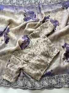 Blusa estampada elegante con estampado de flores elegante de Organza con borde de trabajo de corte bordado de estilo tradicional de moda para indio - Product Image 3