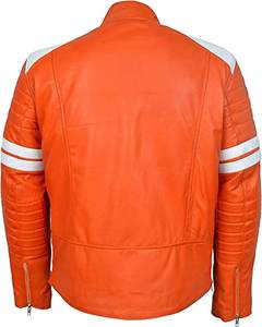 Veste en cuir en toile orange à rayures blanches de style motard pour le printemps - Product Image 4