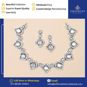 Conjunto de collar y pendientes de polki de Plata de Ley 925 de diseño elegante de fabricante indio a la venta a precio genuino - Product Image 2