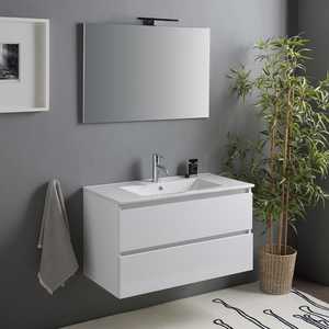 Meuble de salle de bain mural blanc brillant de 90 cm avec 2 tiroirs, miroir et lampe Baltimora, ensemble élégant - Product Image 1