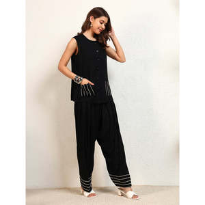 Deebaco Women's <b>Black</b> Sleeveless Casual O-Neck Loose Fit Top With Striped Ankle <b>Pants</b> 2-Piece Co-Ord Set Western Wear Outfit - Product Image 5