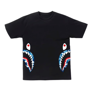 เสื้อยืดโอเวอร์ไซส์สีดำสำหรับผู้ชาย พิมพ์ลายกราฟิกปากฉลามสองด้าน แขนสั้น สไตล์สตรีทแวร์ลำลอง ผ้าฝ้าย - Product Image 1
