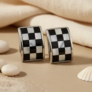 Brand a Women's 925 Silver Stud Earrings Checkerboard Shell Inlay Classic Geometric Design Everyday Wear Jewelry - Product Image 1