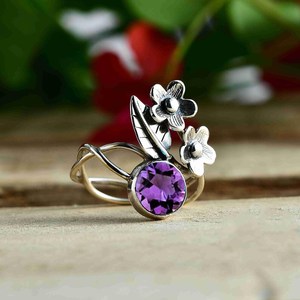 Premium Amethyst Floral Round Cut Gemstone <b>Ring</b> For Women Jewelry Sterling <b>Silver</b> Boho Engagement <b>Rings</b> <b>Statement</b> February - Product Image 3