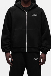 Ensemble survêtement en molleton noir personnalisé pour homme, sweat à capuche zippé, logo imprimé en relief, pantalon de survêtement surdimensionné, lavage à l'acide, vêtements décontractés pour l'extérieur - Product Image 3