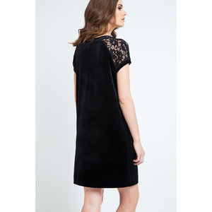 Vestido de Noche de Terciopelo Negro y Encaje, Estilo Princesa, Cómodo, Línea A, Largo hasta el Suelo, con Mangas Cortas y Decoración Floral para Fiestas - Product Image 3