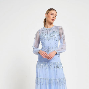 Vestido de fiesta acampanado para mujer, cuello redondo, corpiño adornado a mano con cuentas pesadas, manga larga, hasta el suelo, vestido de fiesta de noche - Product Image 1