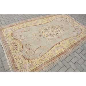 Vintage Turkish Rug, 5.4x9.1 ft Large Rug, <b>Yellow</b> Brown Polka dot <b>Wool</b> Rug - Product Image 2