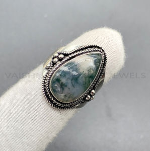 Nouvelle mode, bague de mariage en agate mousse de forme poire 9x18mm, faite à la main, argent sterling 925, bijoux bohèmes pour femmes, oxydé - Product Image 1