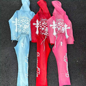 Chándales de algodón OEM Sudadera con capucha Patchwork pantalón hombres chándal para hombres apilados Joggers acampanados hombres dos piezas Jogger conjuntos - Product Image 2