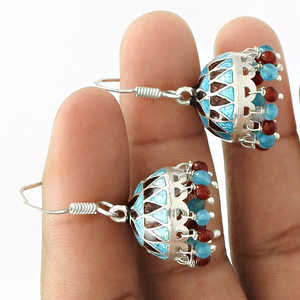 Bijoux d'artisan indien ethnique en argent sterling 925 avec incrustation de grenat-turquoise et topaze bleue Boucles d'oreilles Boho pour elle - Product Image 3