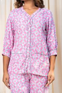 Collection rose magnifique pour femmes grande taille costume de nuit d'été manches trois-quarts imprimé robe 2 pièces tissu tissé - Product Image 5