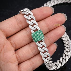 925 Silver Iced Out Cuban Link Chain <b>Necklace</b> Green Stone Clasp Luxury <b>Statement</b> <b>Necklace</b> - Product Image 2