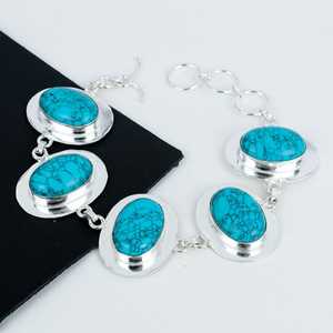 Pulsera de piedras preciosas turquesa azul sólida plata de ley 925 hecha a mano estilo bohemio pieza llamativa regalo para mujer - Product Image 3