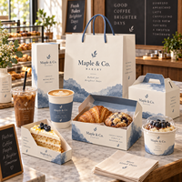 Ensemble d'emballages personnalisés AT PACK pour boulangerie et café, comprenant des gobelets en papier de 12 oz, des gobelets en PET de 16 oz, des sachets de café de 250 g et des boîtes à desserts.